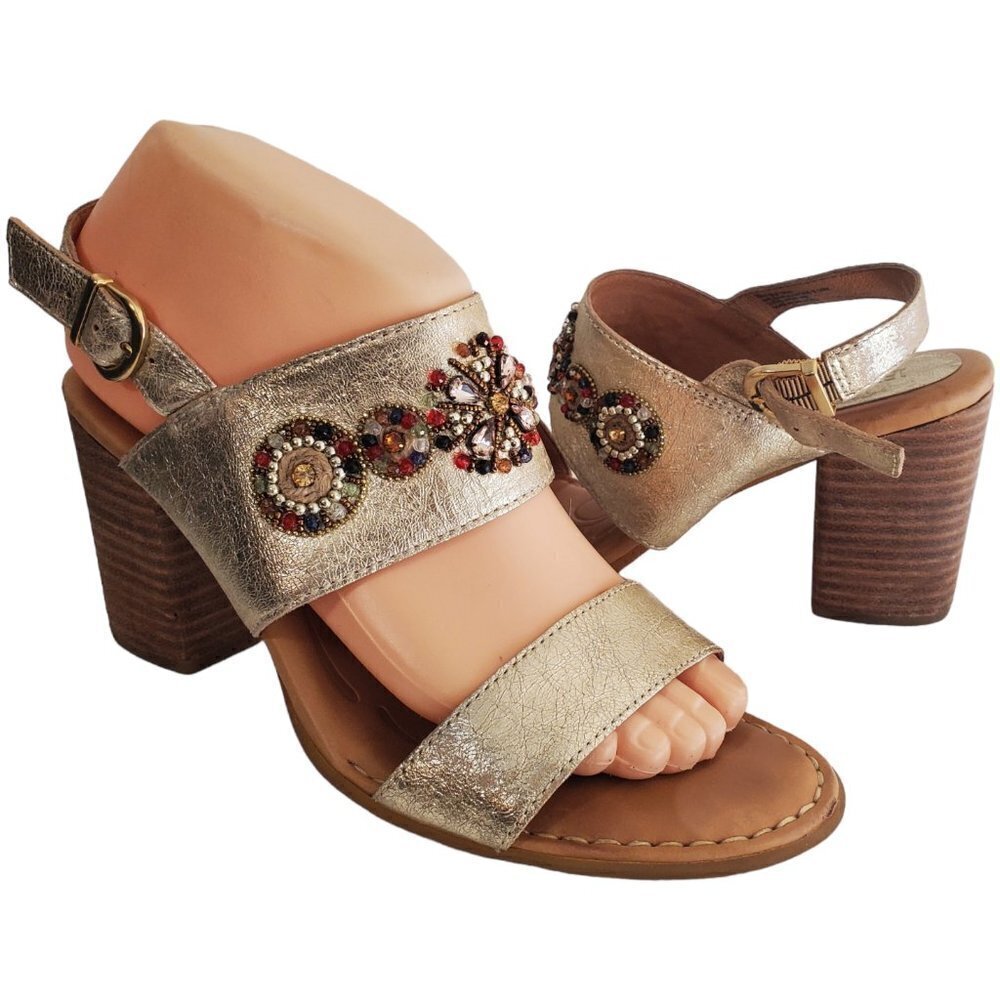 Born Brazilia Metallic‎ Beaded Stacked 3.5" Heel Sandals Size 8M Summer Festival